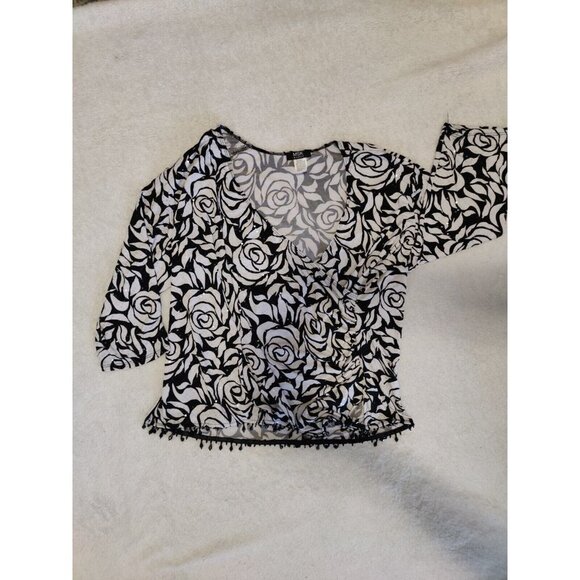 MSK Women Deep V-Neck Black White Floral Long-sleeve Dressy Sparkly Top 2X - Picture 6 of 6